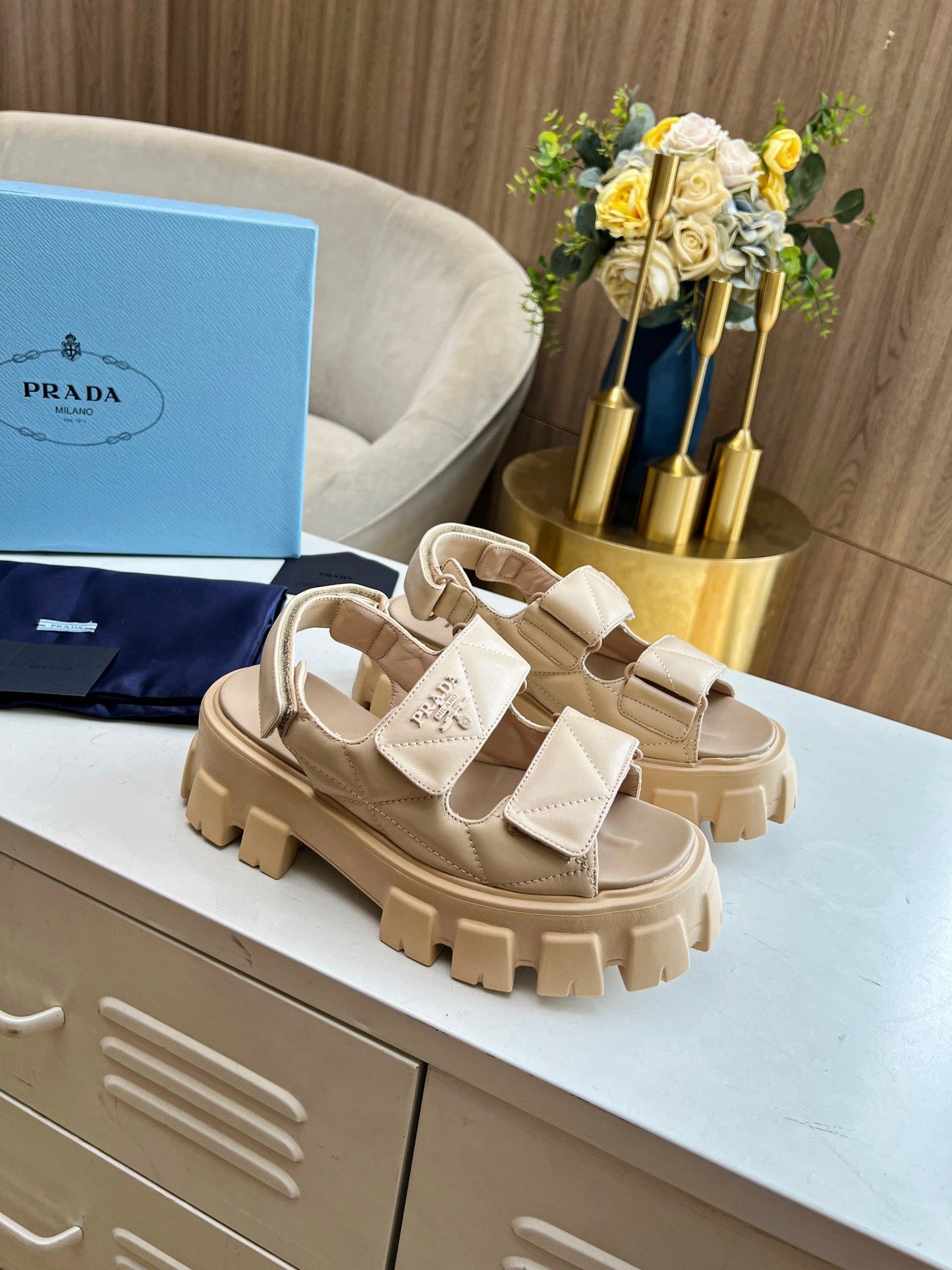 PRA MONOLITH NAPPA SANDALS BEIGE LAMBSKIN - 34
