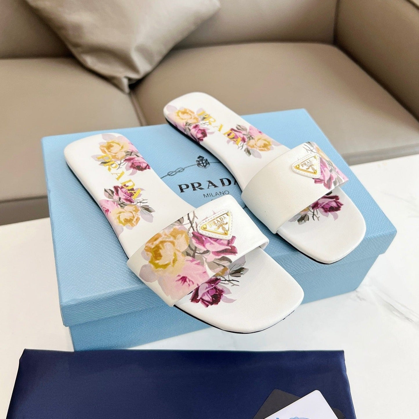 PRA PRINTED SLIDES SLIPPERS WHITE LAMBSKIN - 35