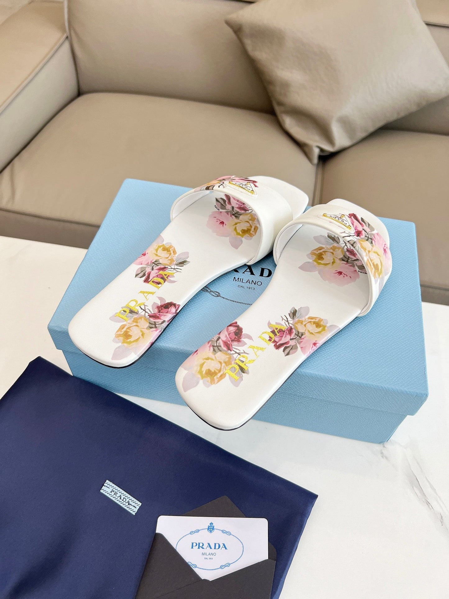 PRA PRINTED SLIDES SLIPPERS WHITE LAMBSKIN - 35