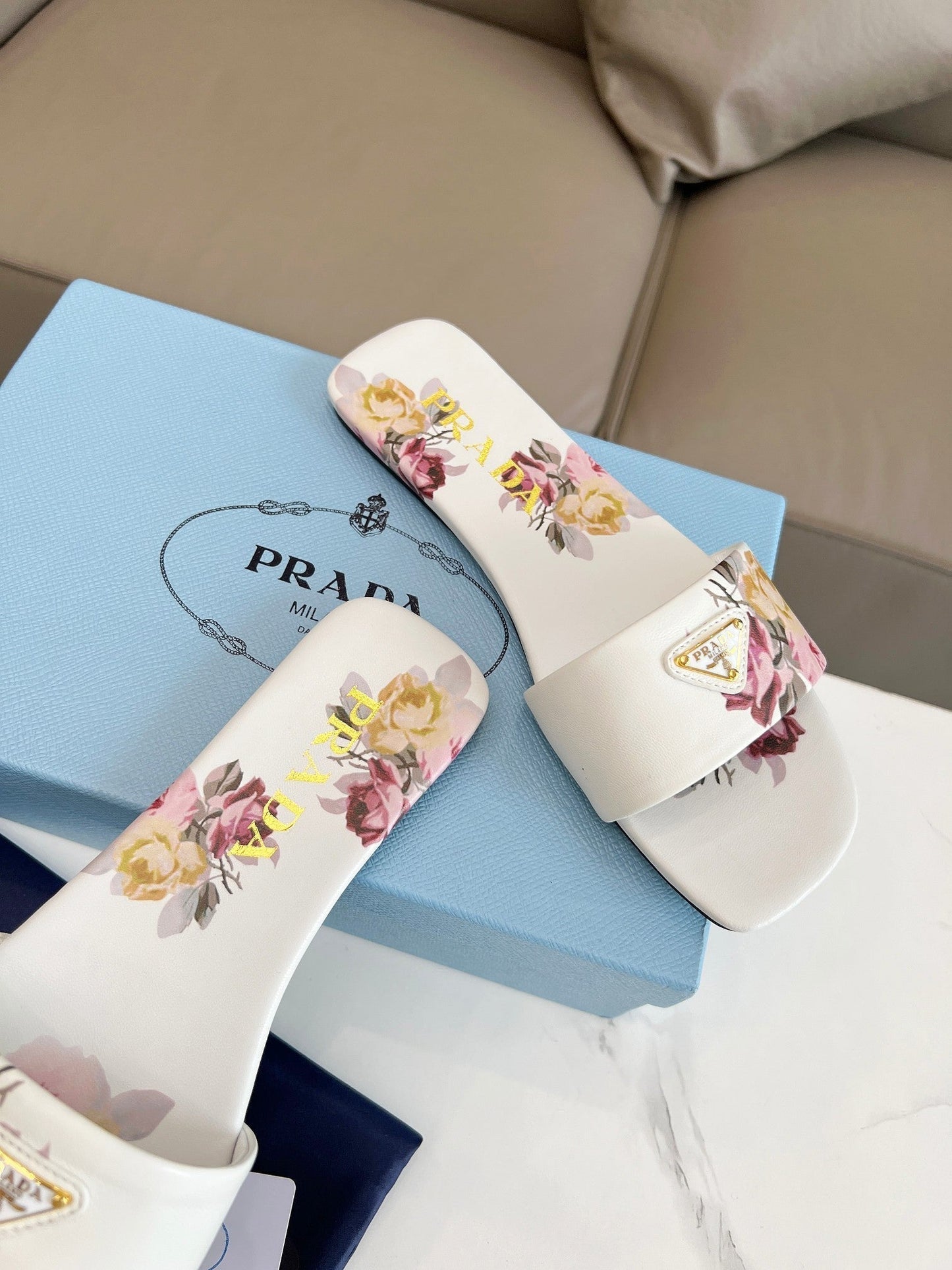 PRA PRINTED SLIDES SLIPPERS WHITE LAMBSKIN - 35