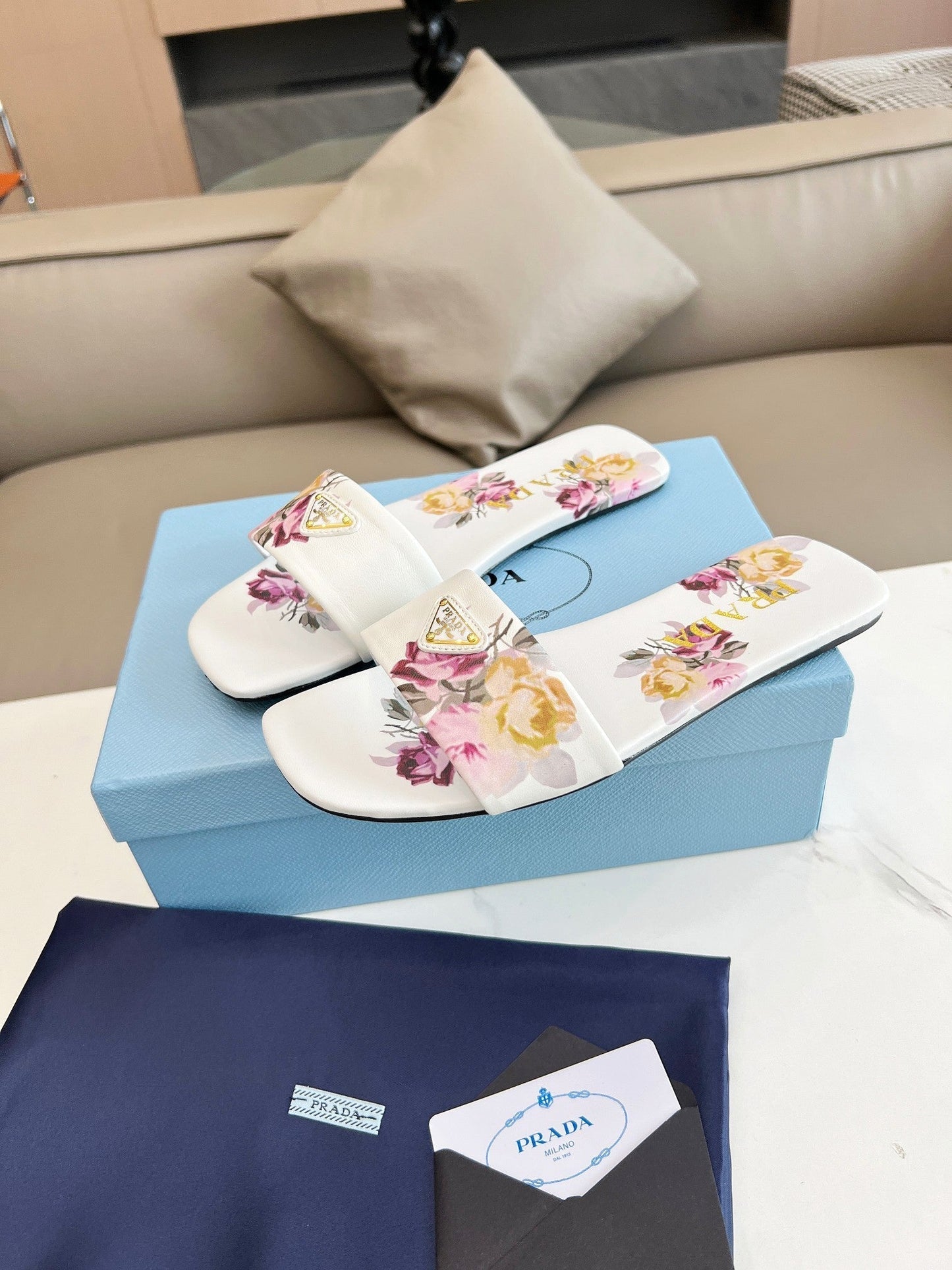 PRA PRINTED SLIDES SLIPPERS WHITE LAMBSKIN - 35