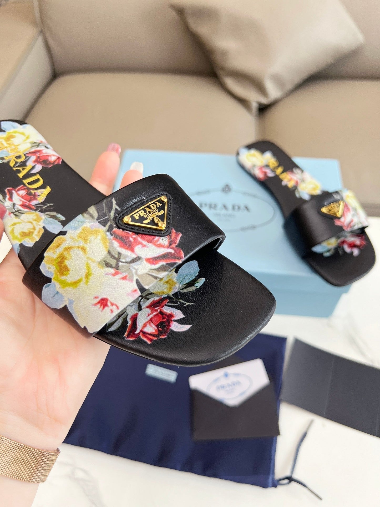 PRA PRINTED SLIDES SLIPPERS BLACK LAMBSKIN - 35