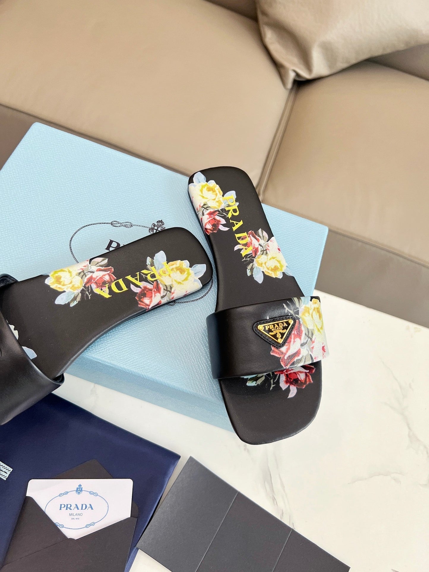 PRA PRINTED SLIDES SLIPPERS BLACK LAMBSKIN - 35