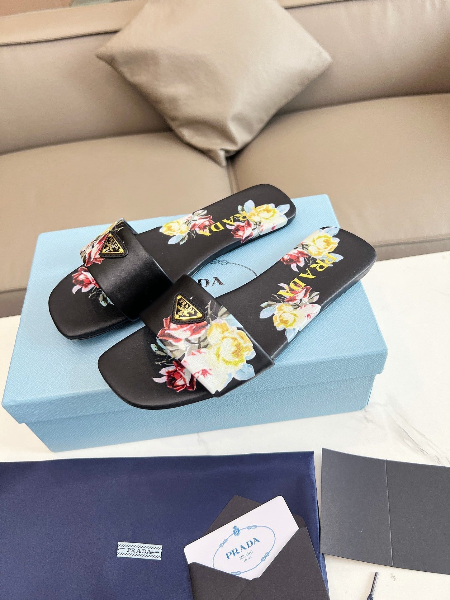 PRA PRINTED SLIDES SLIPPERS BLACK LAMBSKIN - 35