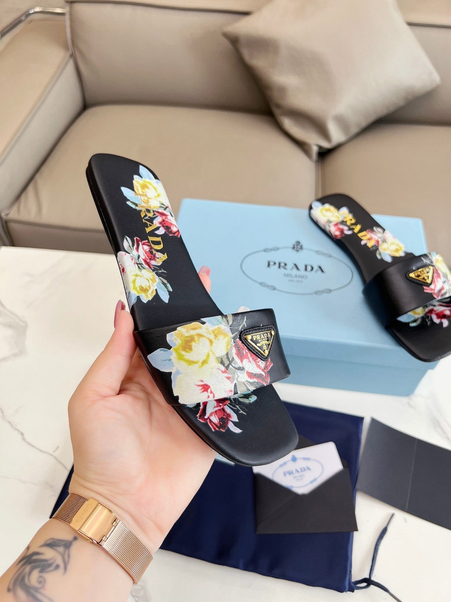 PRA PRINTED SLIDES SLIPPERS BLACK LAMBSKIN - 35