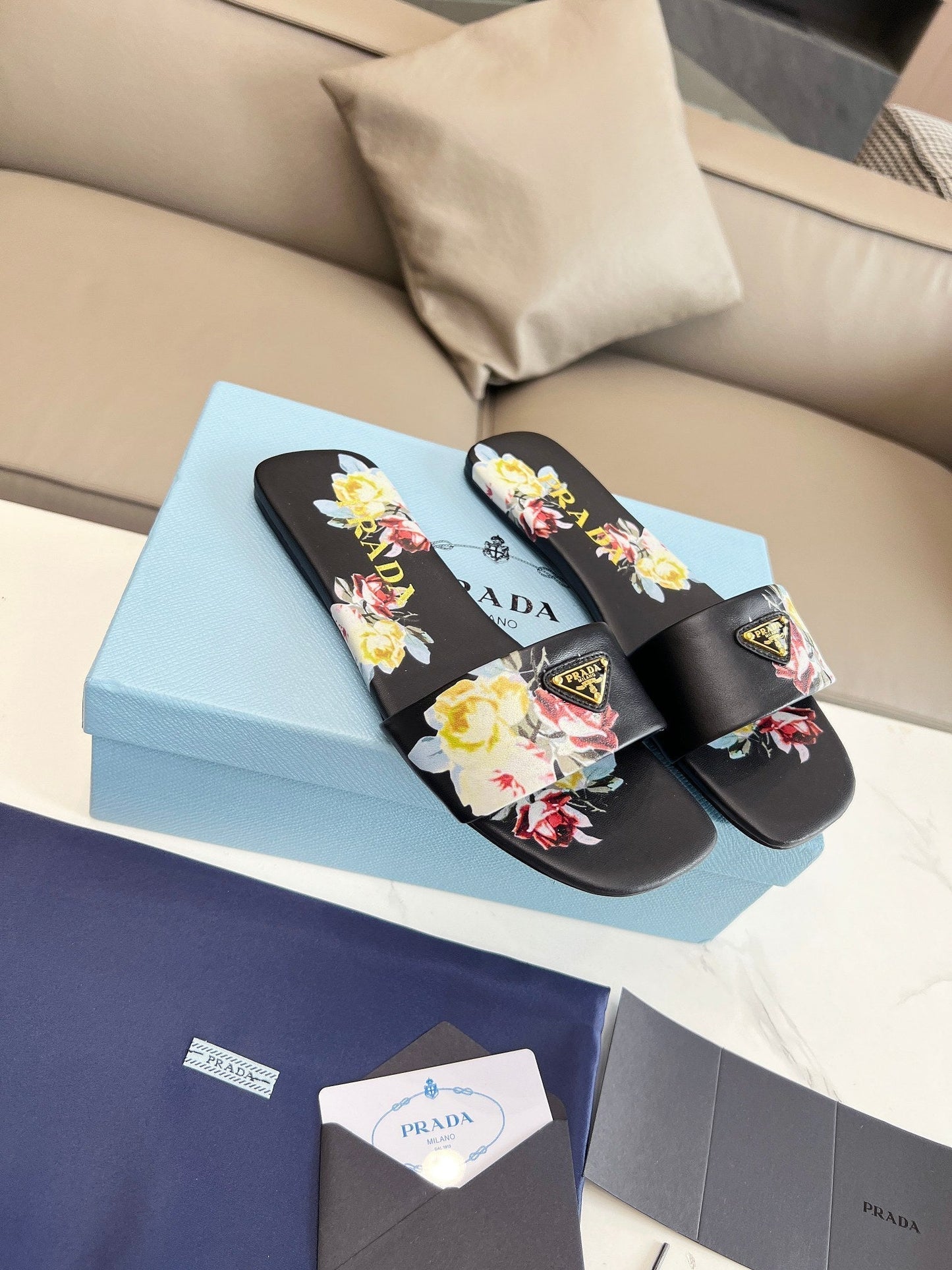PRA PRINTED SLIDES SLIPPERS BLACK LAMBSKIN - 35