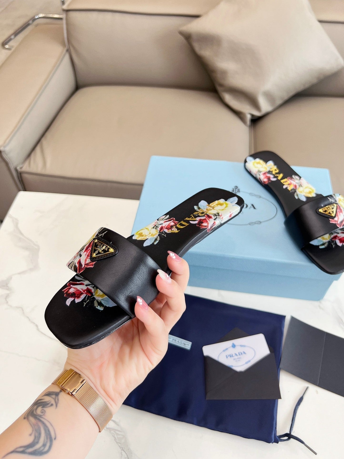 PRA PRINTED SLIDES SLIPPERS BLACK LAMBSKIN - 35