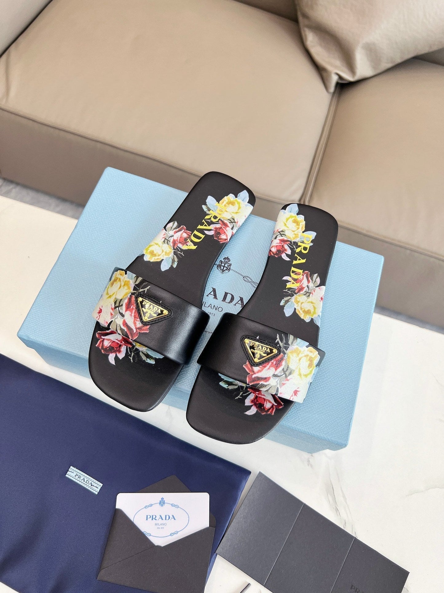 PRA PRINTED SLIDES SLIPPERS BLACK LAMBSKIN - 35