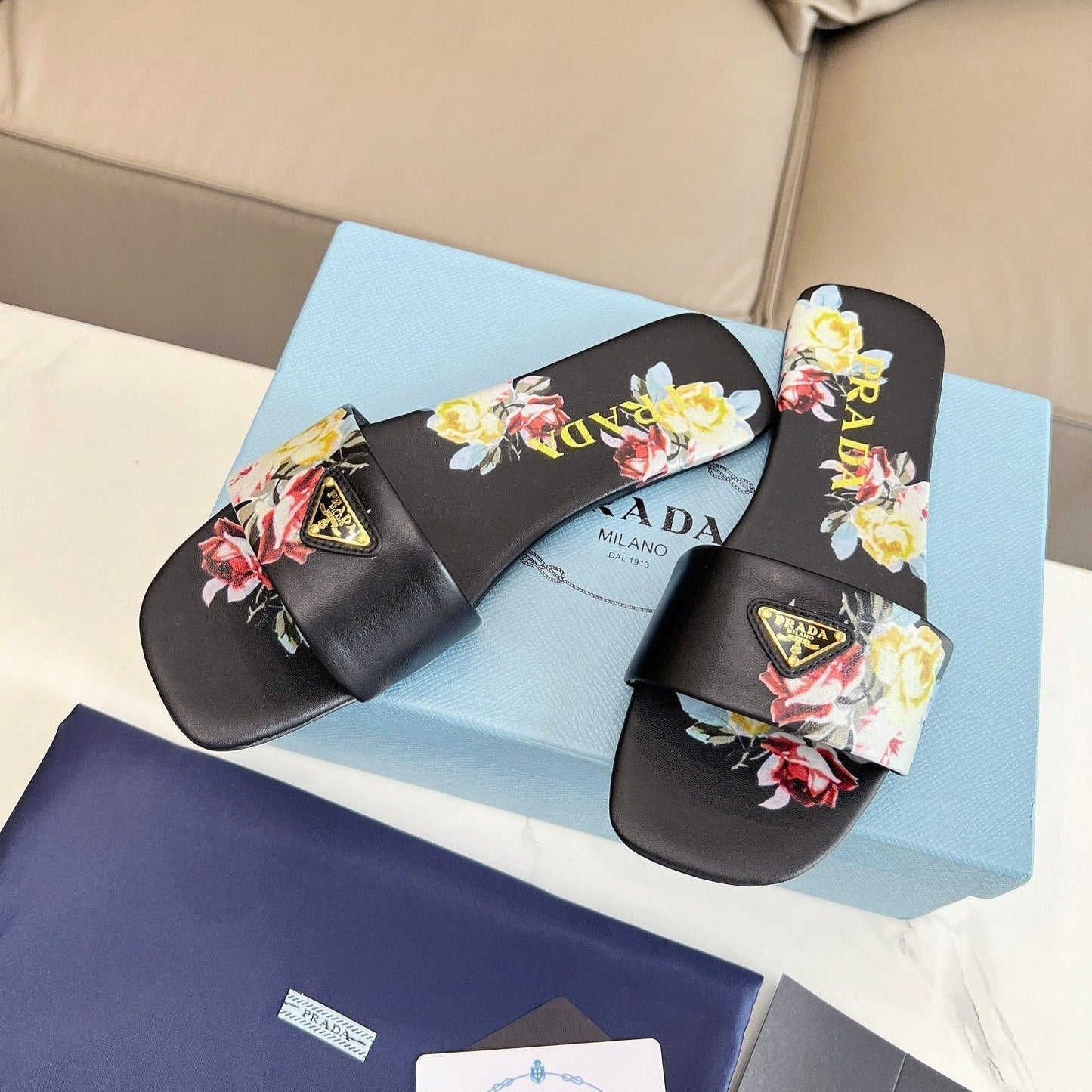 PRA PRINTED SLIDES SLIPPERS BLACK LAMBSKIN - 35