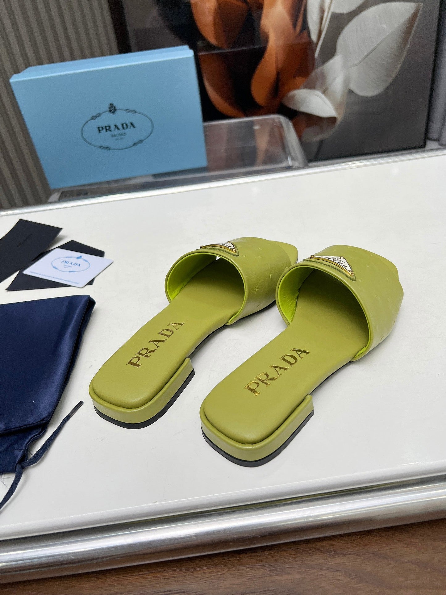 PRA SAFFIANO PATENT SLIDES OSTRICH MOTIF PEAR CALFSKIN - 35
