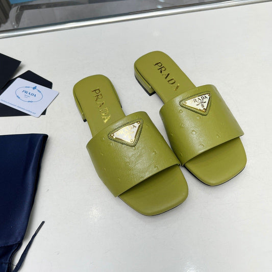 PRA SAFFIANO PATENT SLIDES OSTRICH MOTIF PEAR CALFSKIN - 35