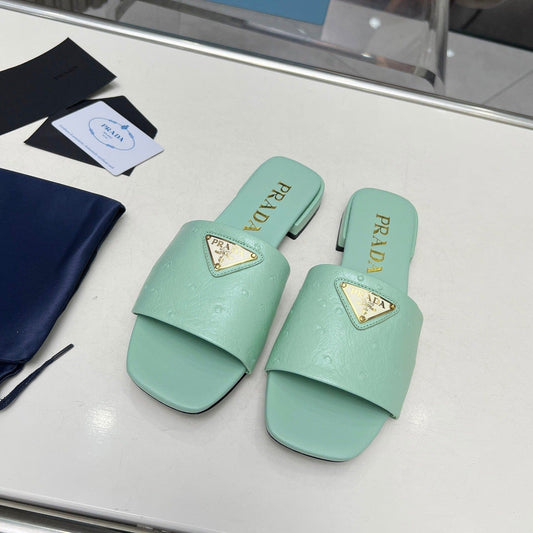 PRA SAFFIANO PATENT SLIDES OSTRICH MOTIF SEAFOAM CALFSKIN - 35