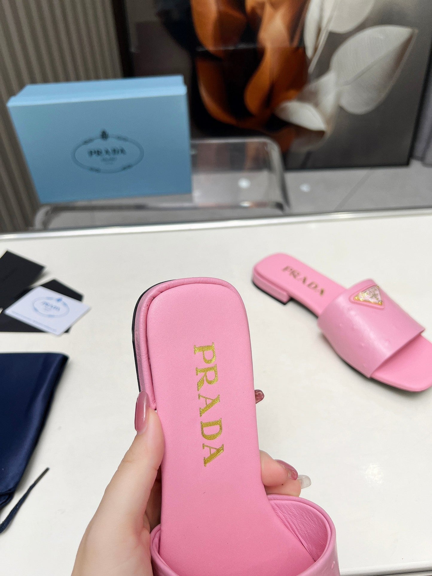 PRA SAFFIANO PATENT SLIDES OSTRICH MOTIF PINK CALFSKIN - 35