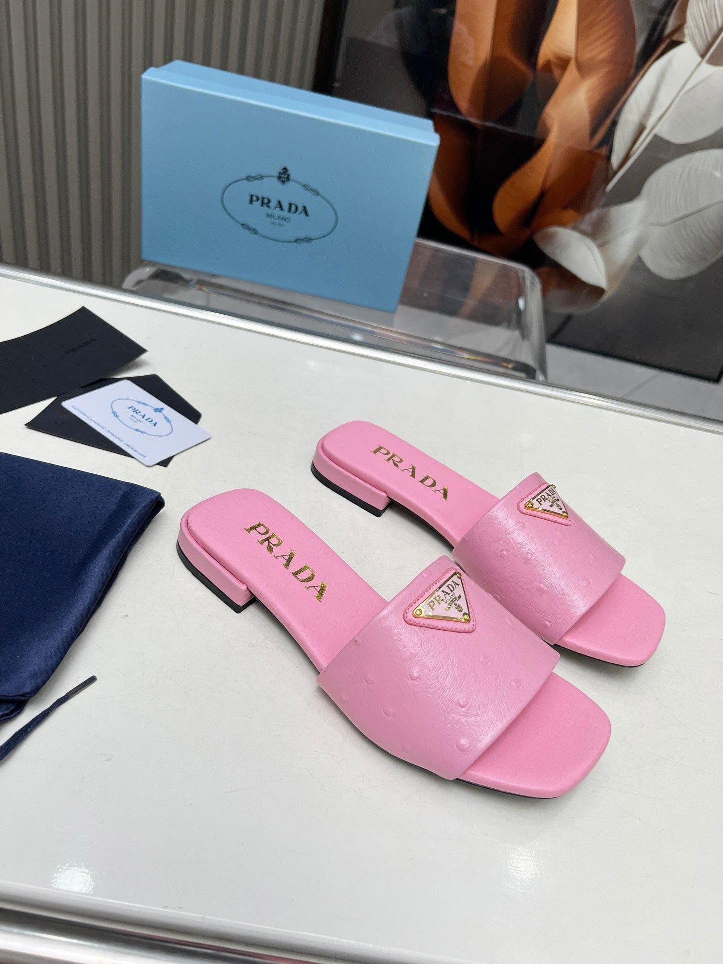 PRA SAFFIANO PATENT SLIDES OSTRICH MOTIF PINK CALFSKIN - 35