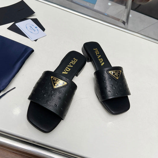 PRA SAFFIANO PATENT SLIDES OSTRICH MOTIF BLACK CALFSKIN - 35
