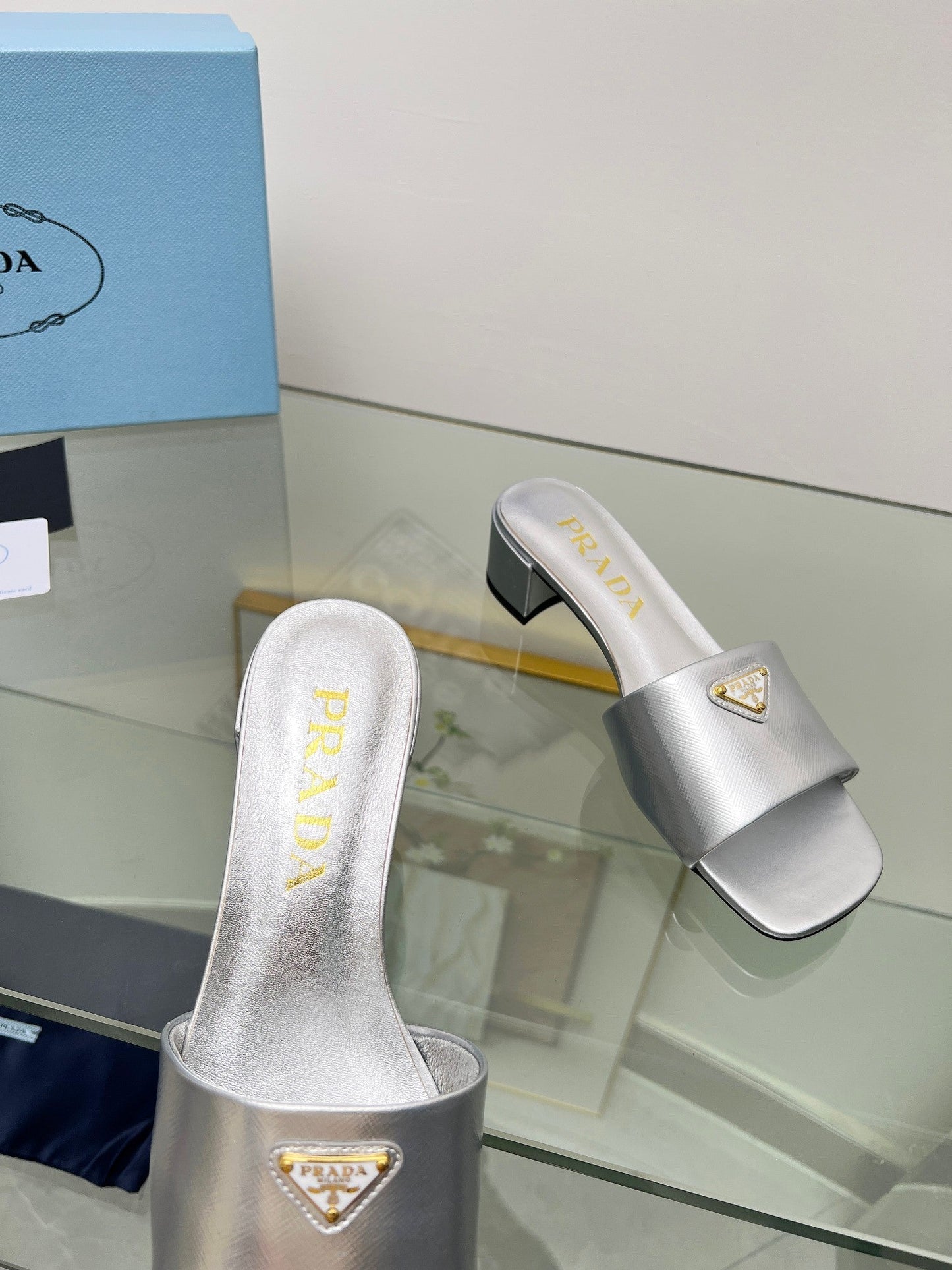 PRA EMBROIDERED SLIDES 40 SILVER CALFSKIN - 35