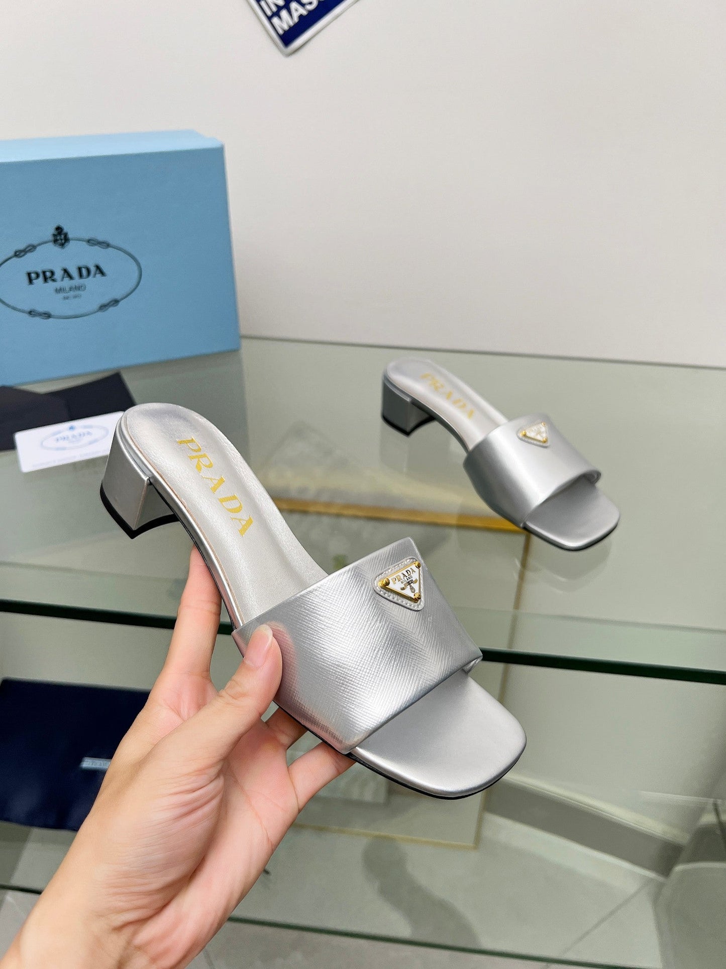 PRA EMBROIDERED SLIDES 40 SILVER CALFSKIN - 35