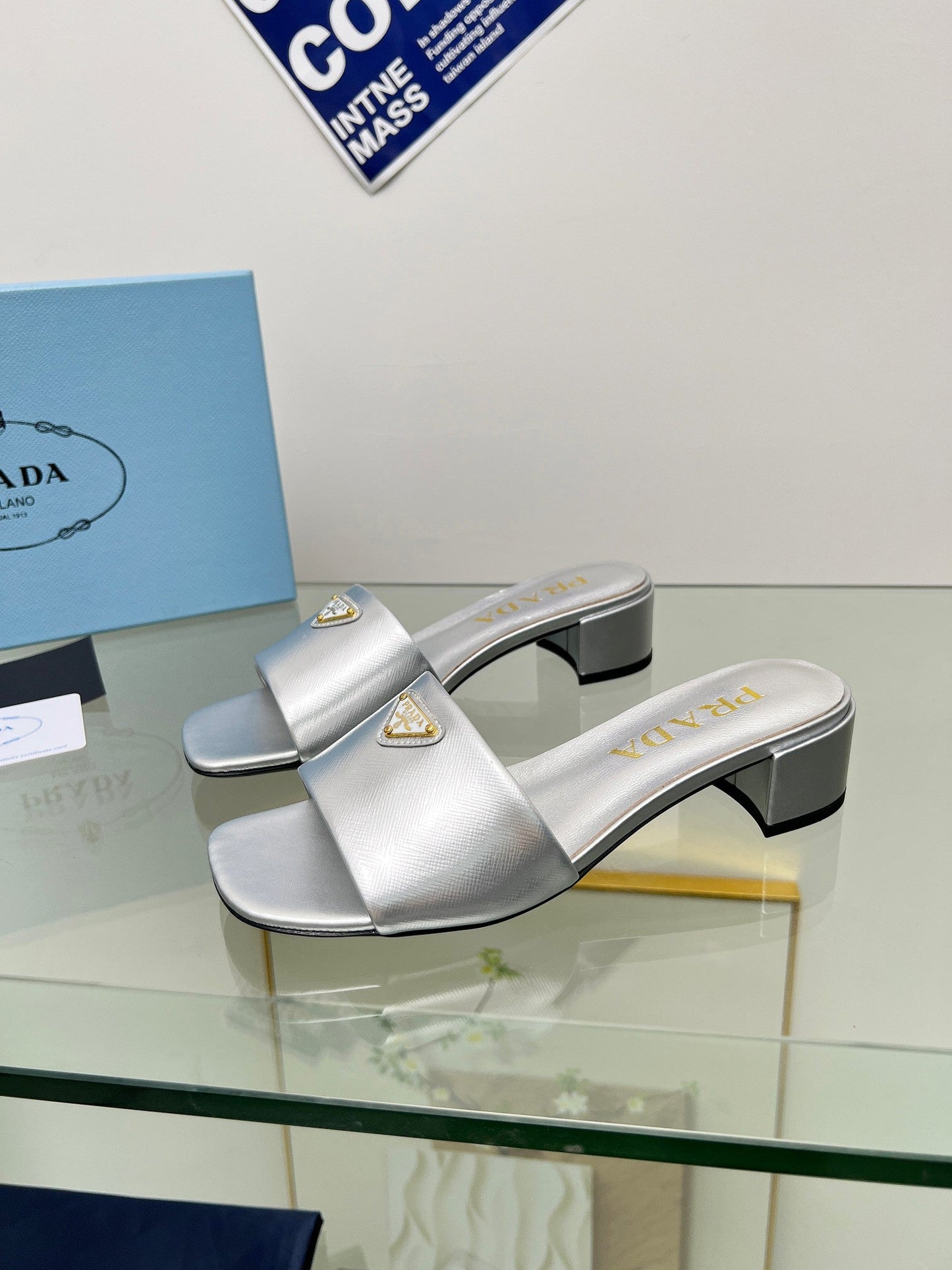 PRA EMBROIDERED SLIDES 40 SILVER CALFSKIN - 35