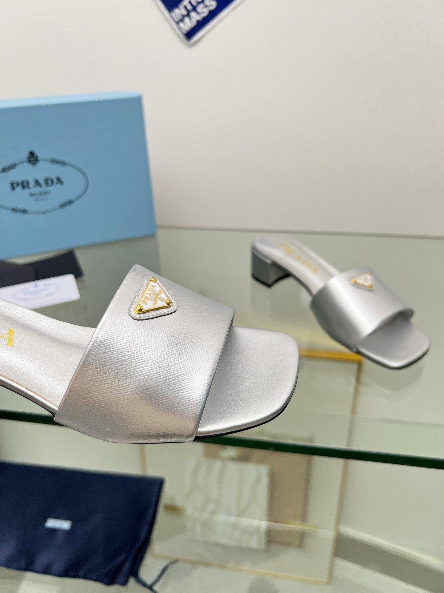 PRA EMBROIDERED SLIDES 40 SILVER CALFSKIN - 35