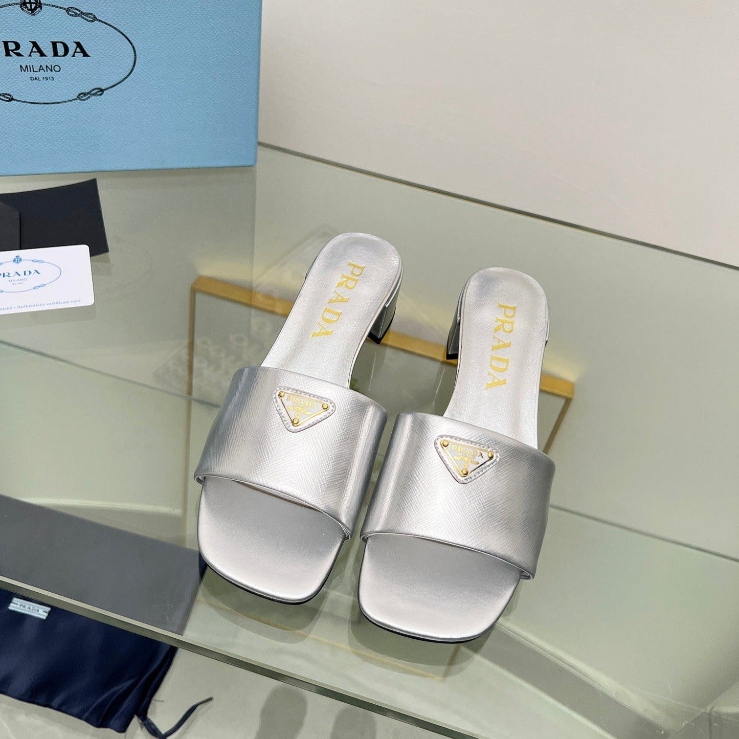 PRA EMBROIDERED SLIDES 40 SILVER CALFSKIN - 35