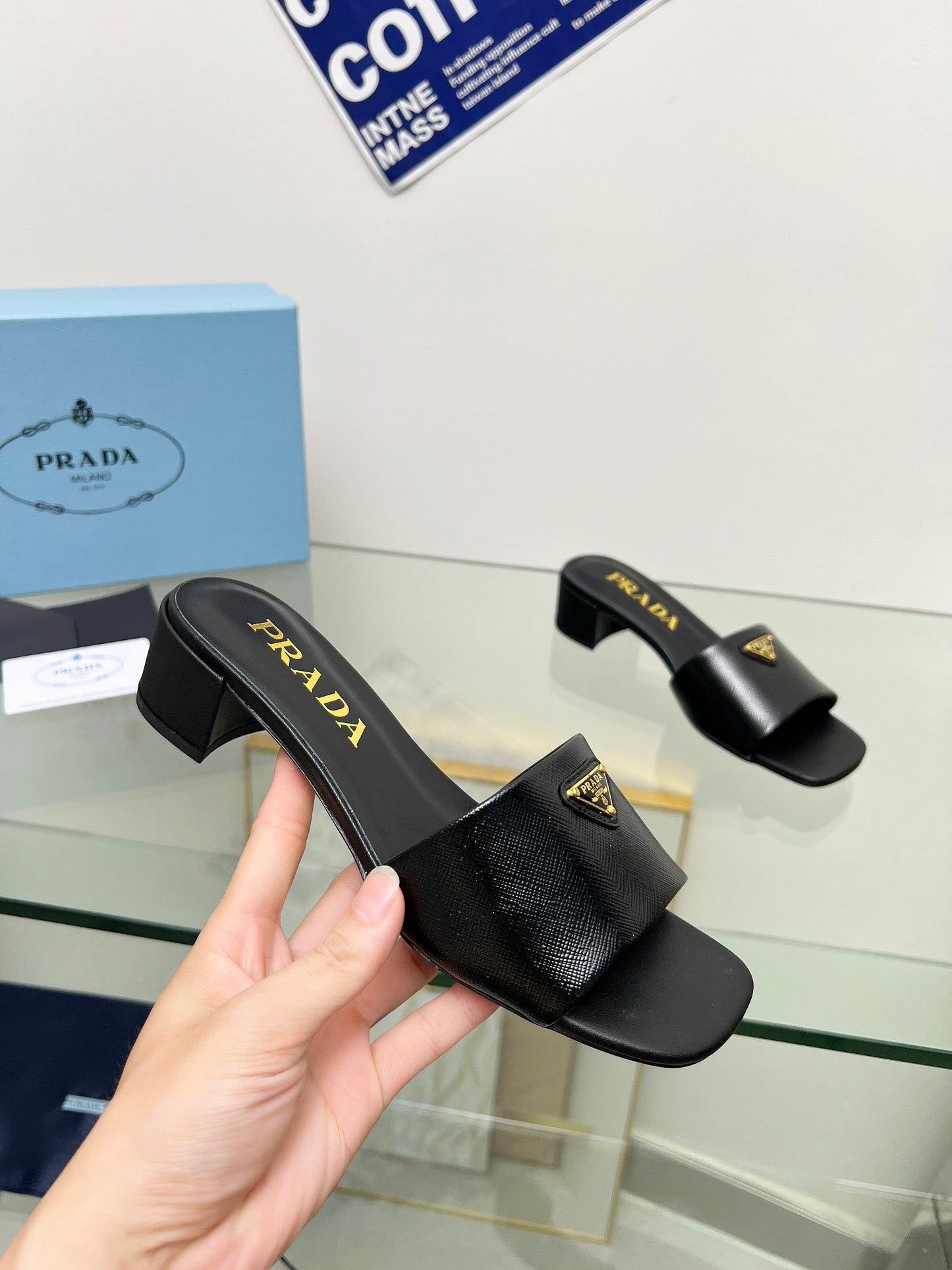 PRA EMBROIDERED SLIDES 40 BLACK CALFSKIN - 35