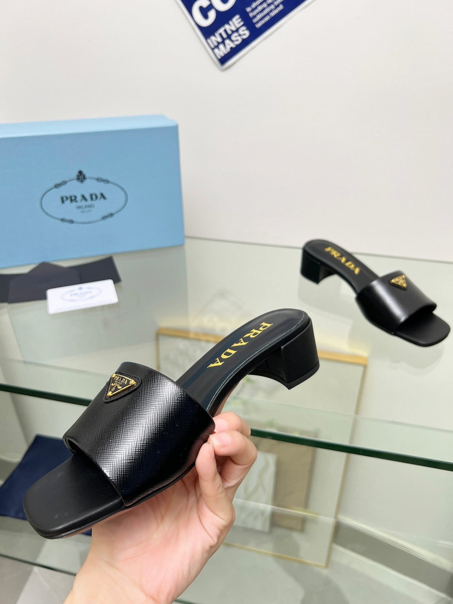 PRA EMBROIDERED SLIDES 40 BLACK CALFSKIN - 35