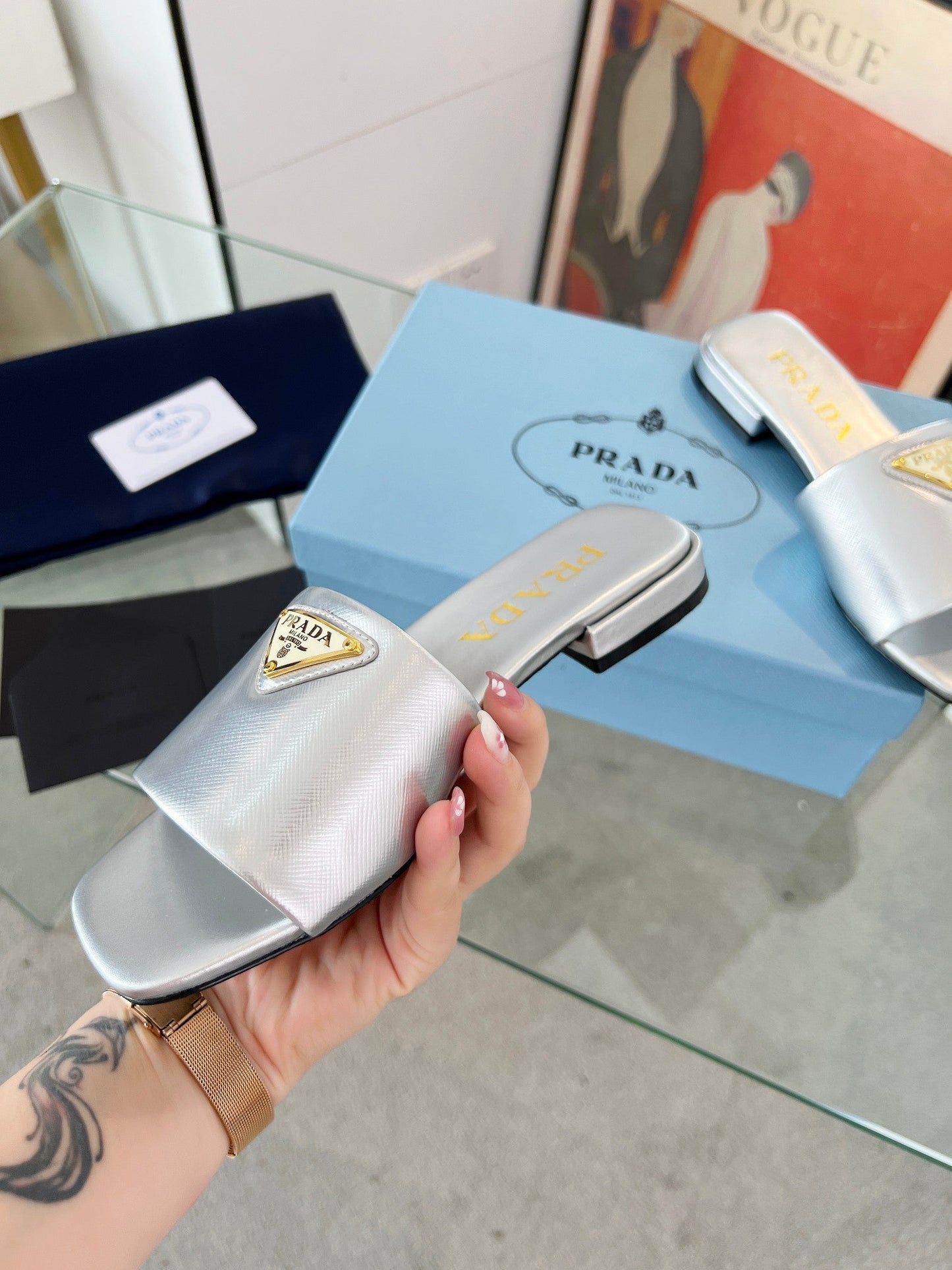 PRA SAFFIANO PATENT SLIDES SILVER CALFSKIN - 35