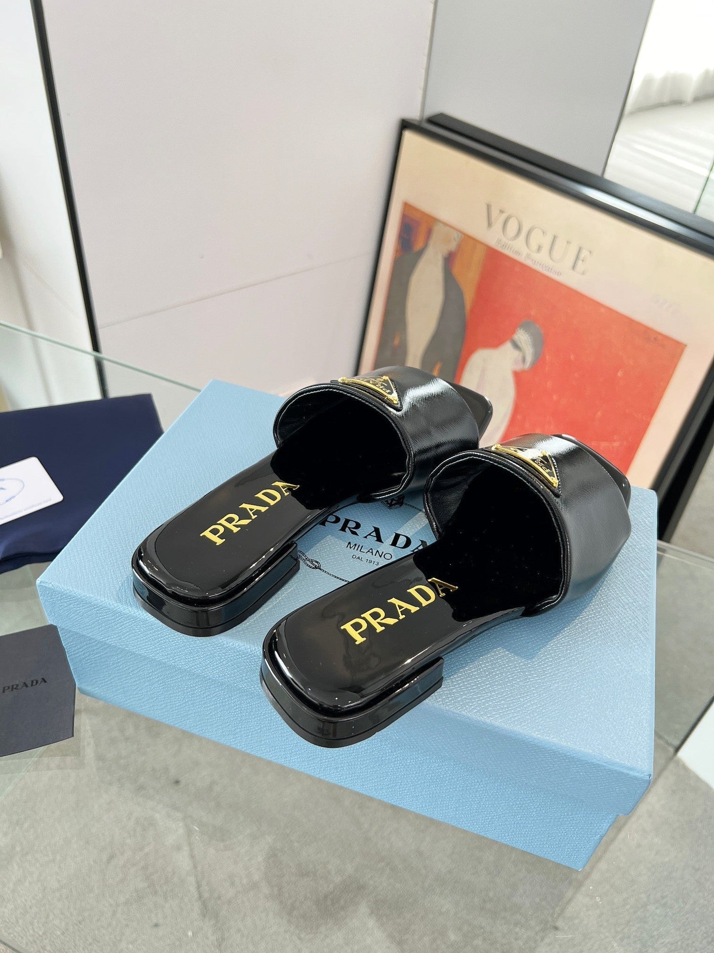 PRA SAFFIANO PATENT SLIDES BLACK CALFSKIN - 35