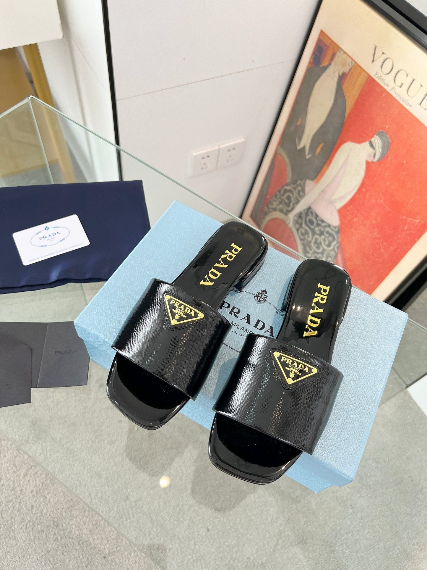 PRA SAFFIANO PATENT SLIDES BLACK CALFSKIN - 35