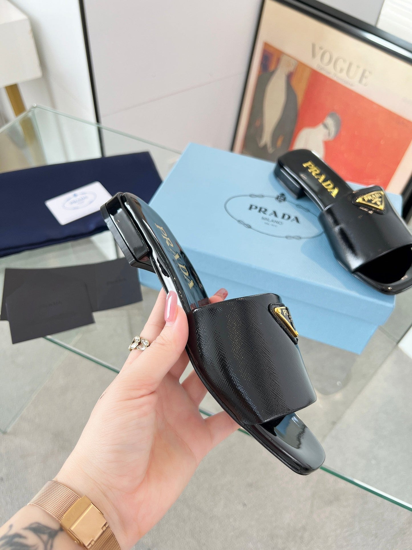 PRA SAFFIANO PATENT SLIDES BLACK CALFSKIN - 35
