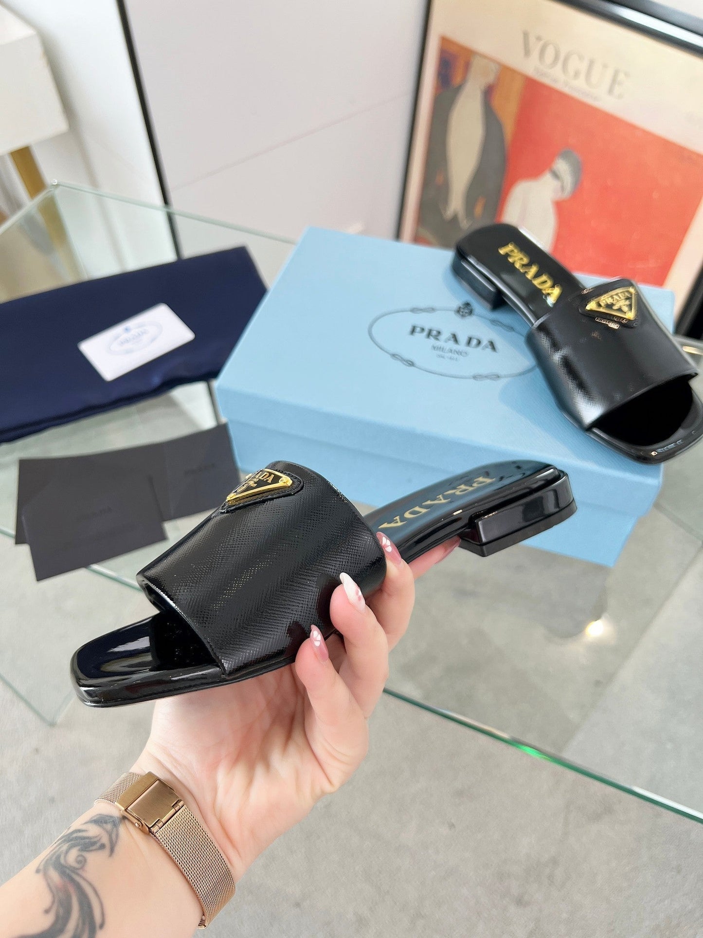 PRA SAFFIANO PATENT SLIDES BLACK CALFSKIN - 35