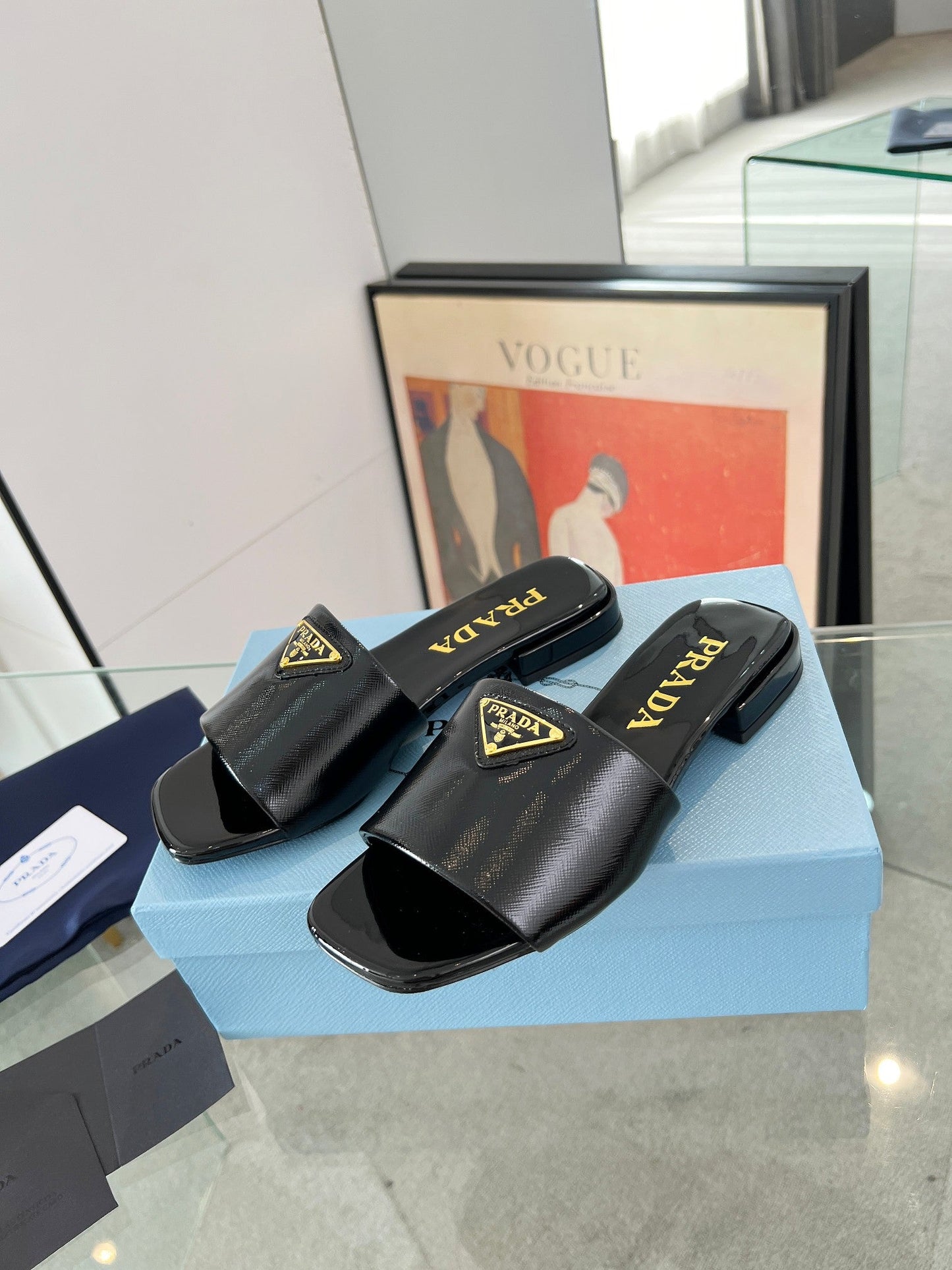 PRA SAFFIANO PATENT SLIDES BLACK CALFSKIN - 35