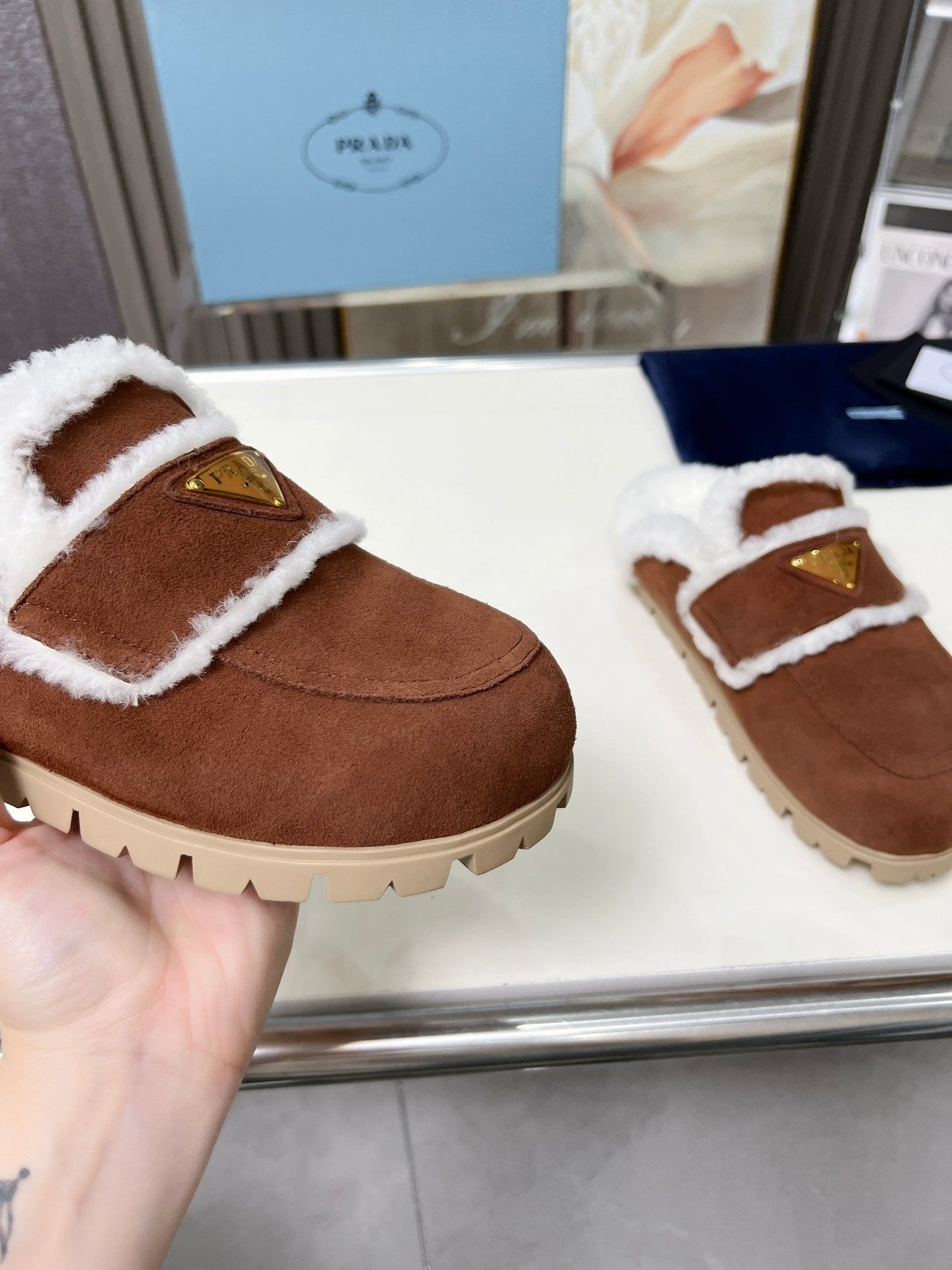 SUEDE AND SHEARLING MULES UMBER BROWN - 35