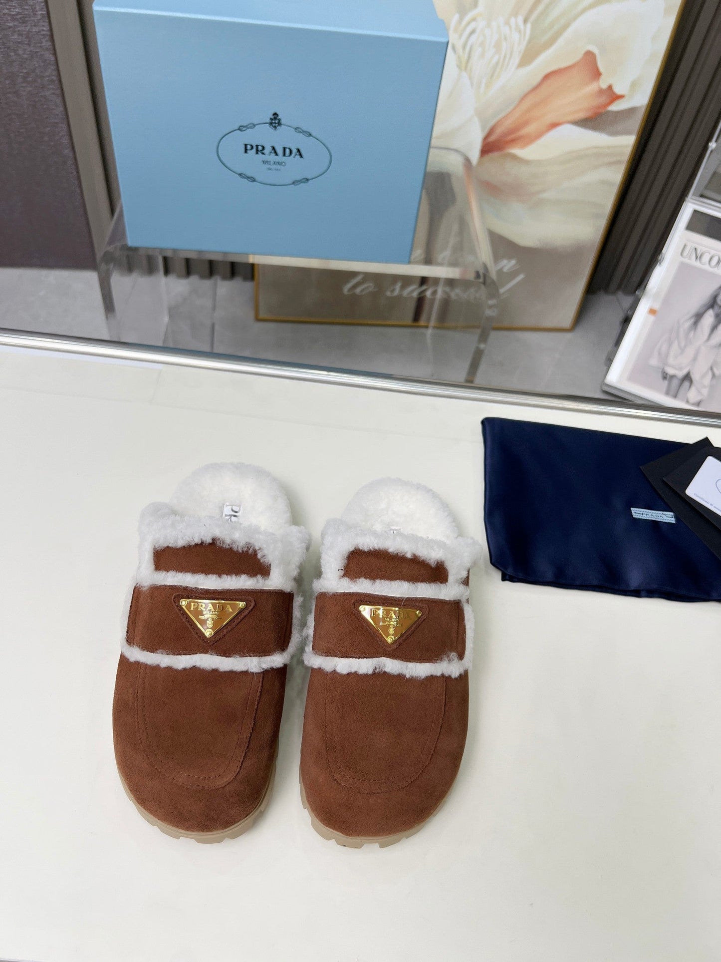 SUEDE AND SHEARLING MULES UMBER BROWN - 35