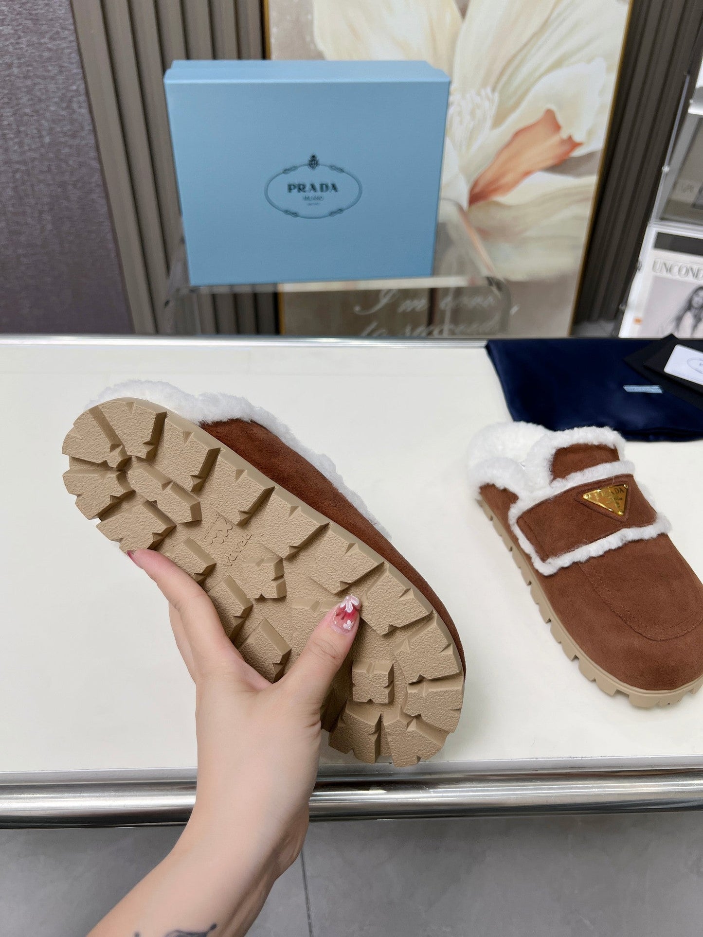SUEDE AND SHEARLING MULES UMBER BROWN - 35