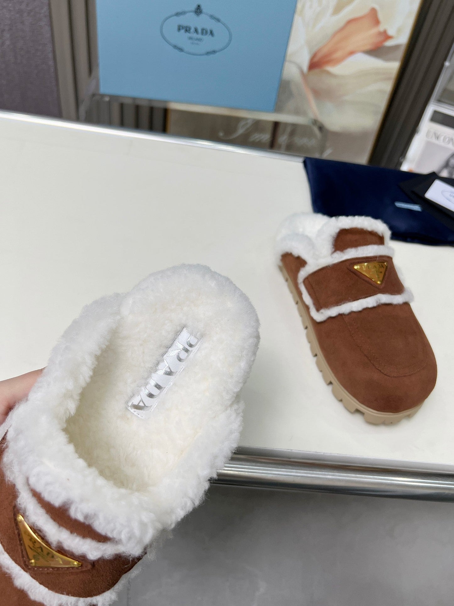 SUEDE AND SHEARLING MULES UMBER BROWN - 35