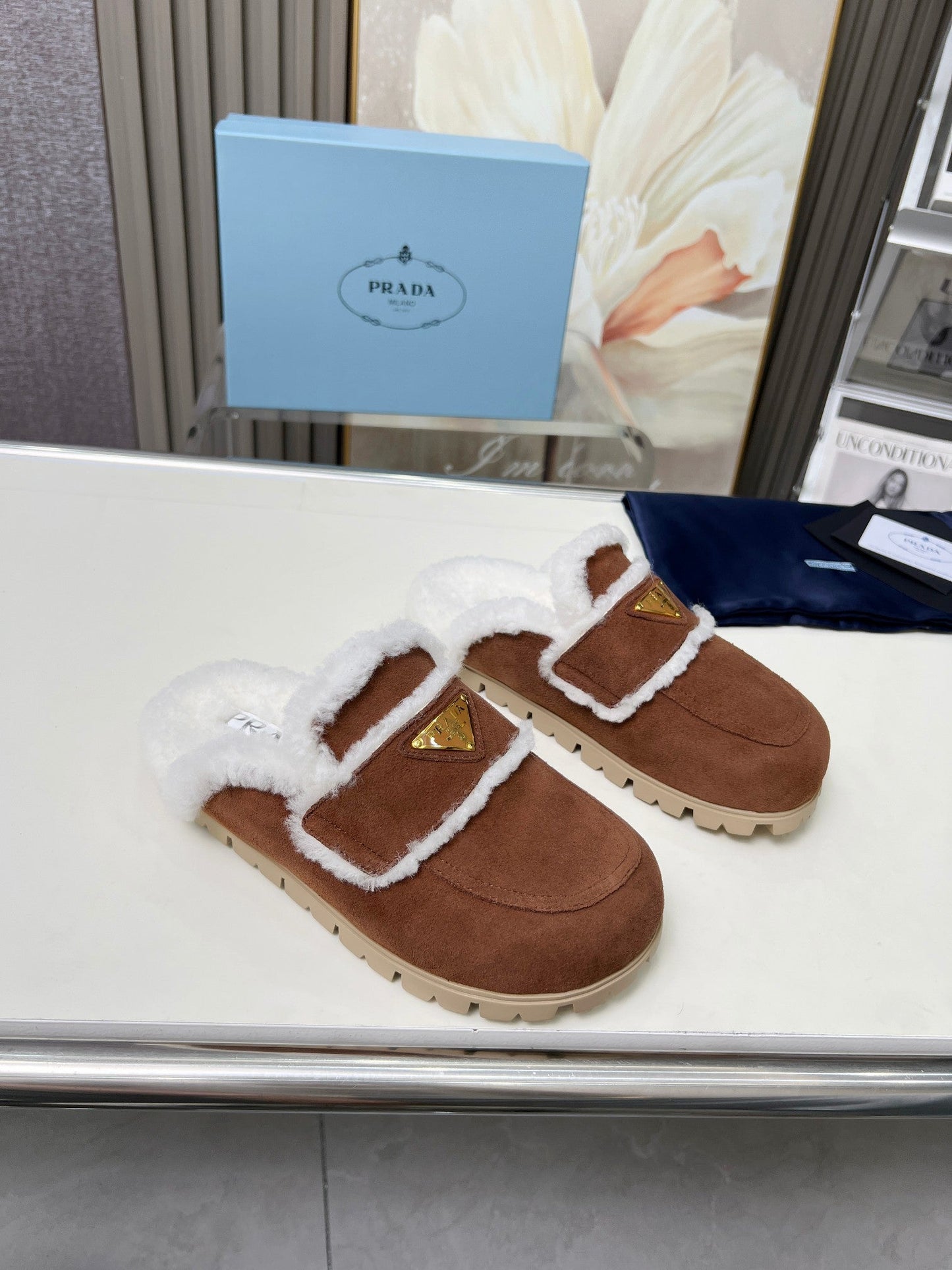 SUEDE AND SHEARLING MULES UMBER BROWN - 35