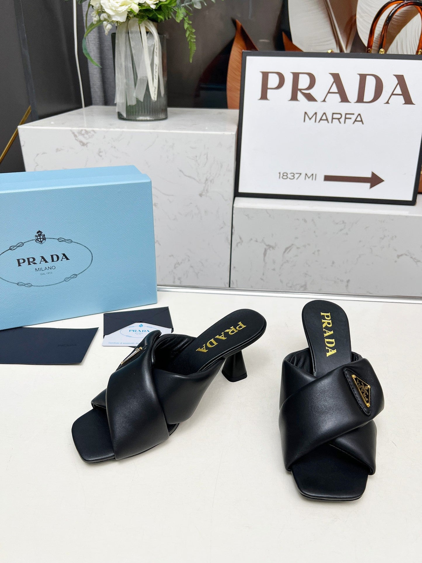 PRA CROSS MULE HEELS IN BLACK CALFSKIN WITH PADDED STRAPS - 35