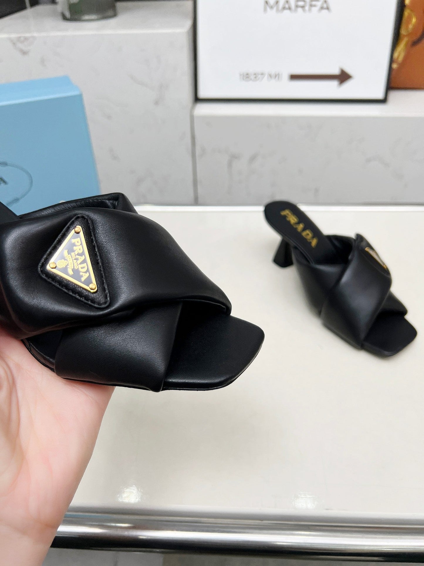 PRA CROSS MULE HEELS IN BLACK CALFSKIN WITH PADDED STRAPS - 35