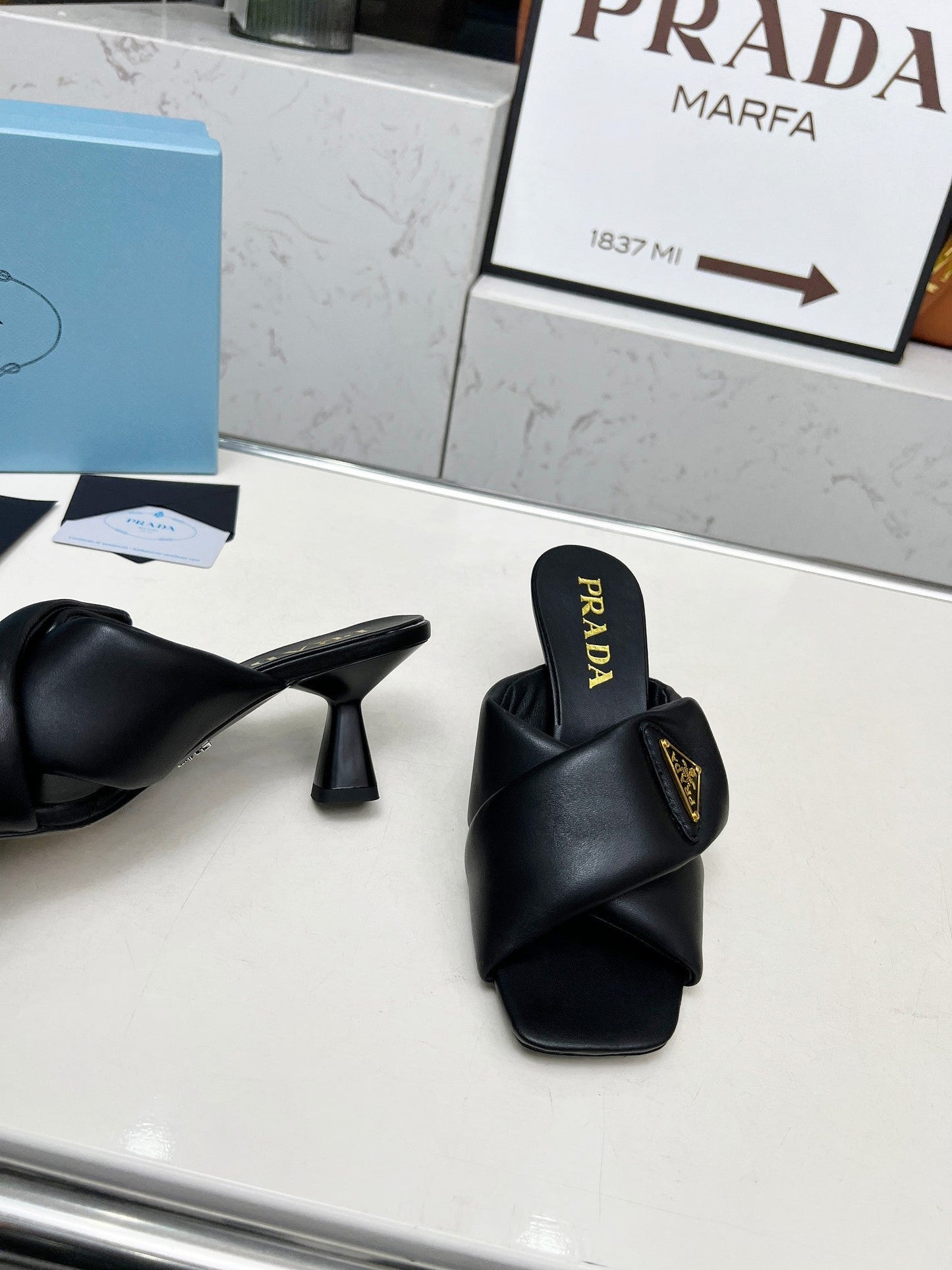 PRA CROSS MULE HEELS IN BLACK CALFSKIN WITH PADDED STRAPS - 35