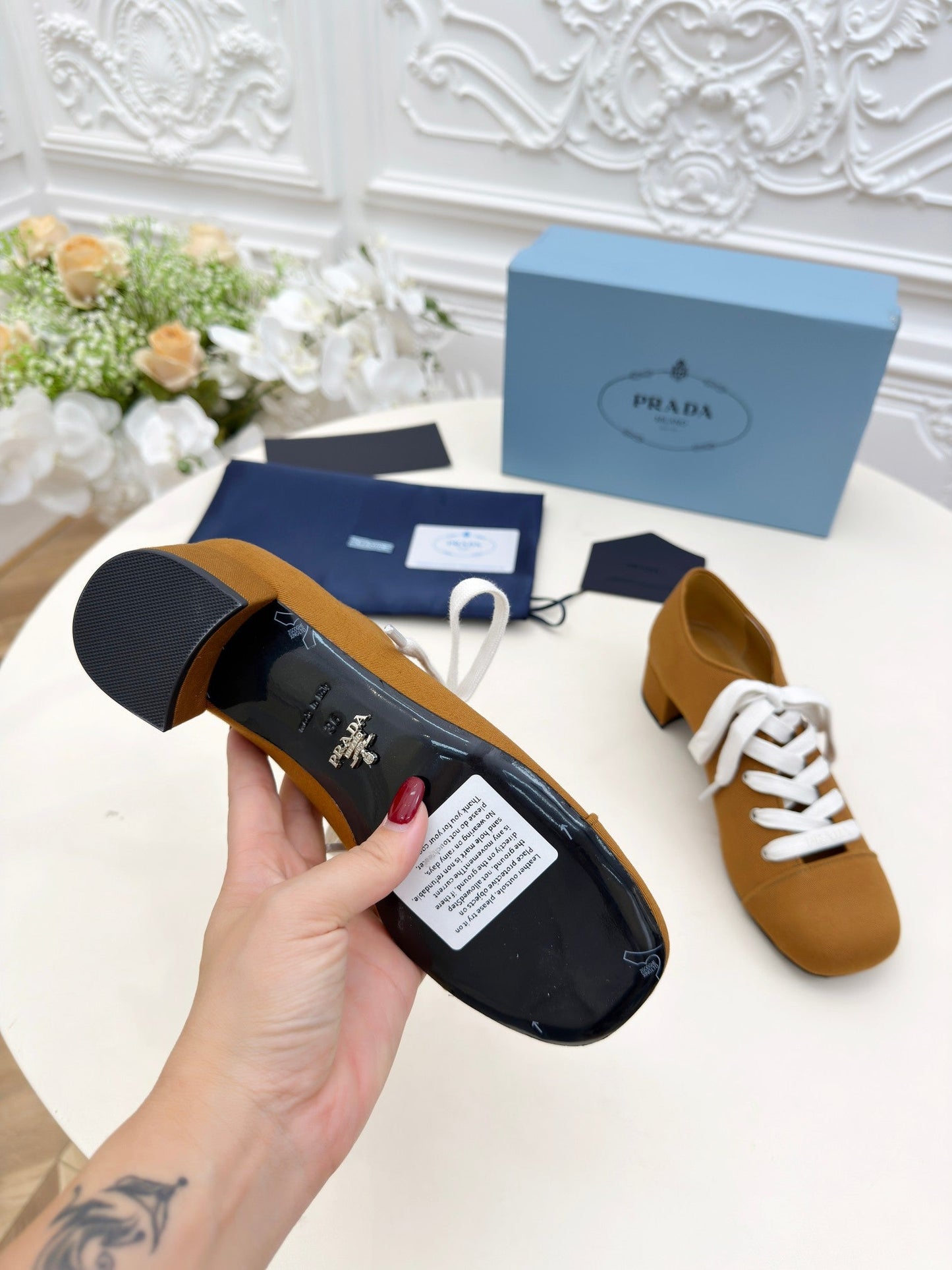 PRADA 25S MARY JANE SHOES 55 MM IN DARK CARAMEL BROWN CANVAS FABRIC - 35