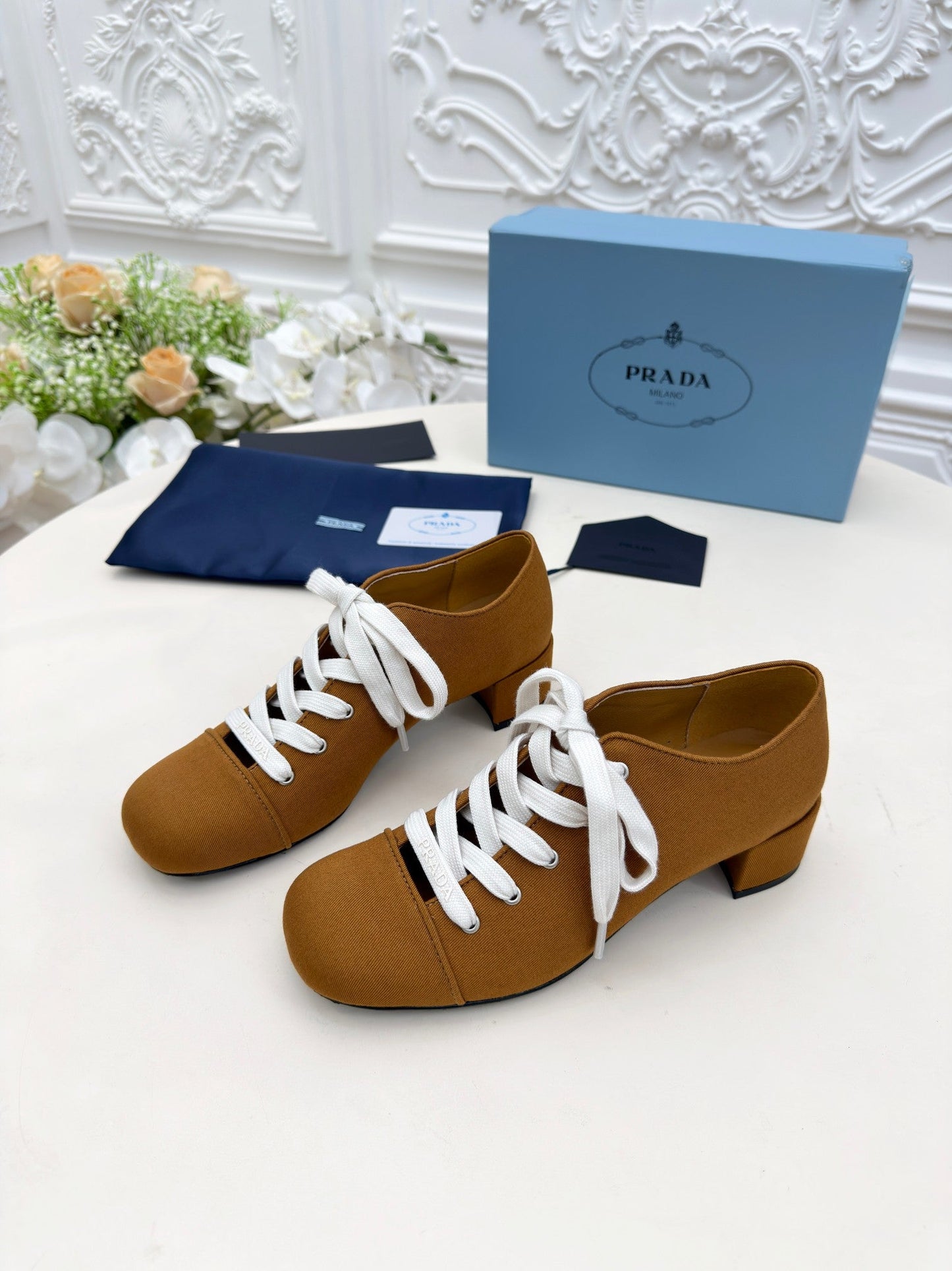 PRADA 25S MARY JANE SHOES 55 MM IN DARK CARAMEL BROWN CANVAS FABRIC - 35