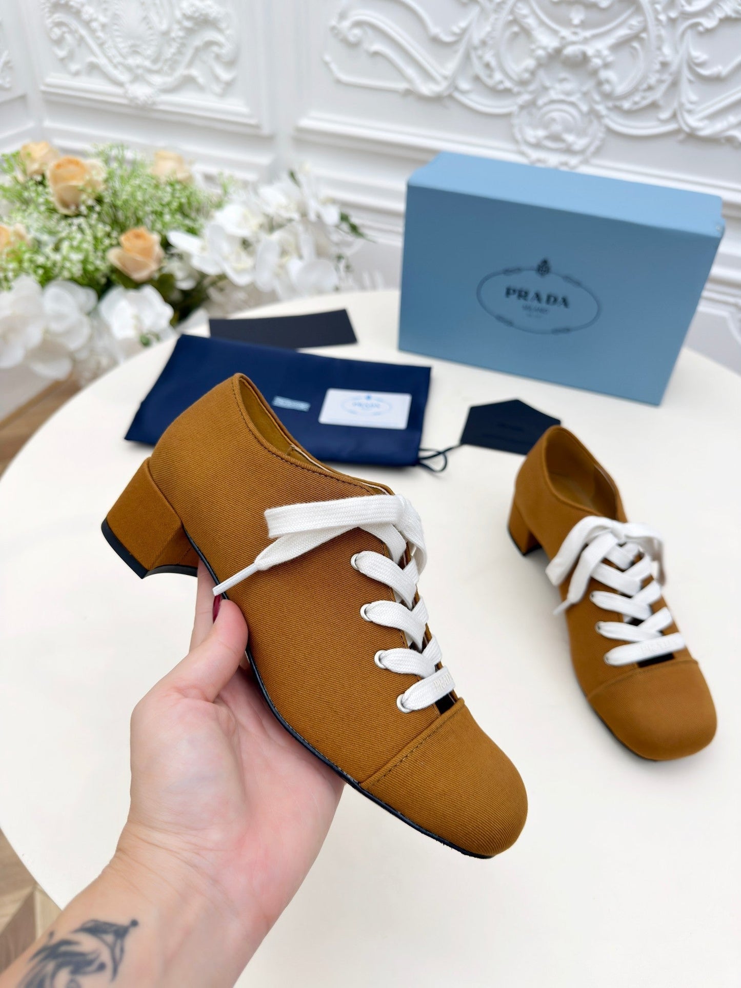 PRADA 25S MARY JANE SHOES 55 MM IN DARK CARAMEL BROWN CANVAS FABRIC - 35