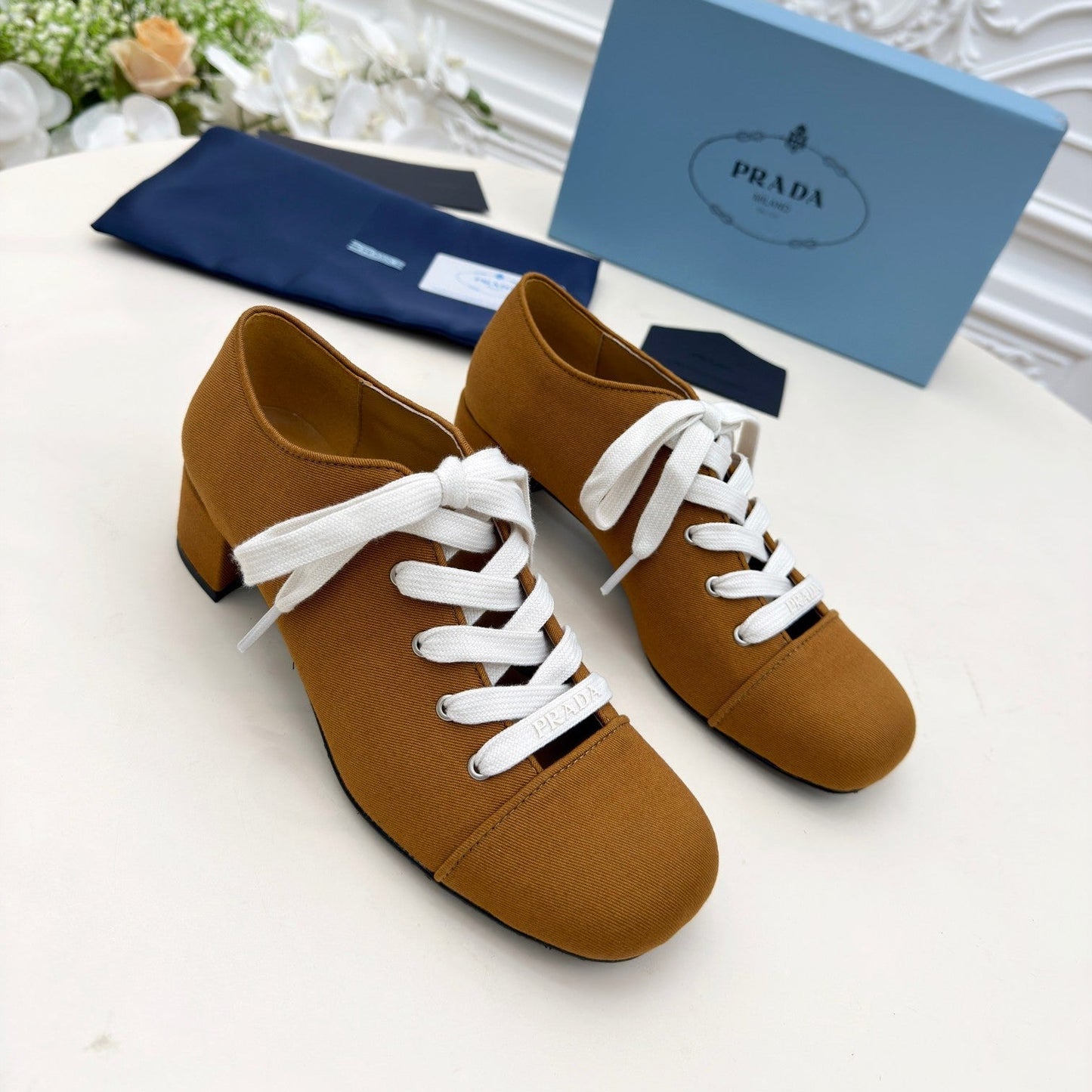 PRADA 25S MARY JANE SHOES 55 MM IN DARK CARAMEL BROWN CANVAS FABRIC - 35