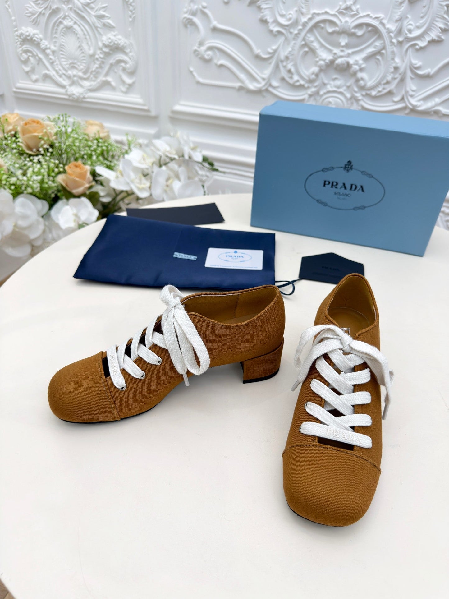 PRADA 25S MARY JANE SHOES 55 MM IN DARK CARAMEL BROWN CANVAS FABRIC - 35