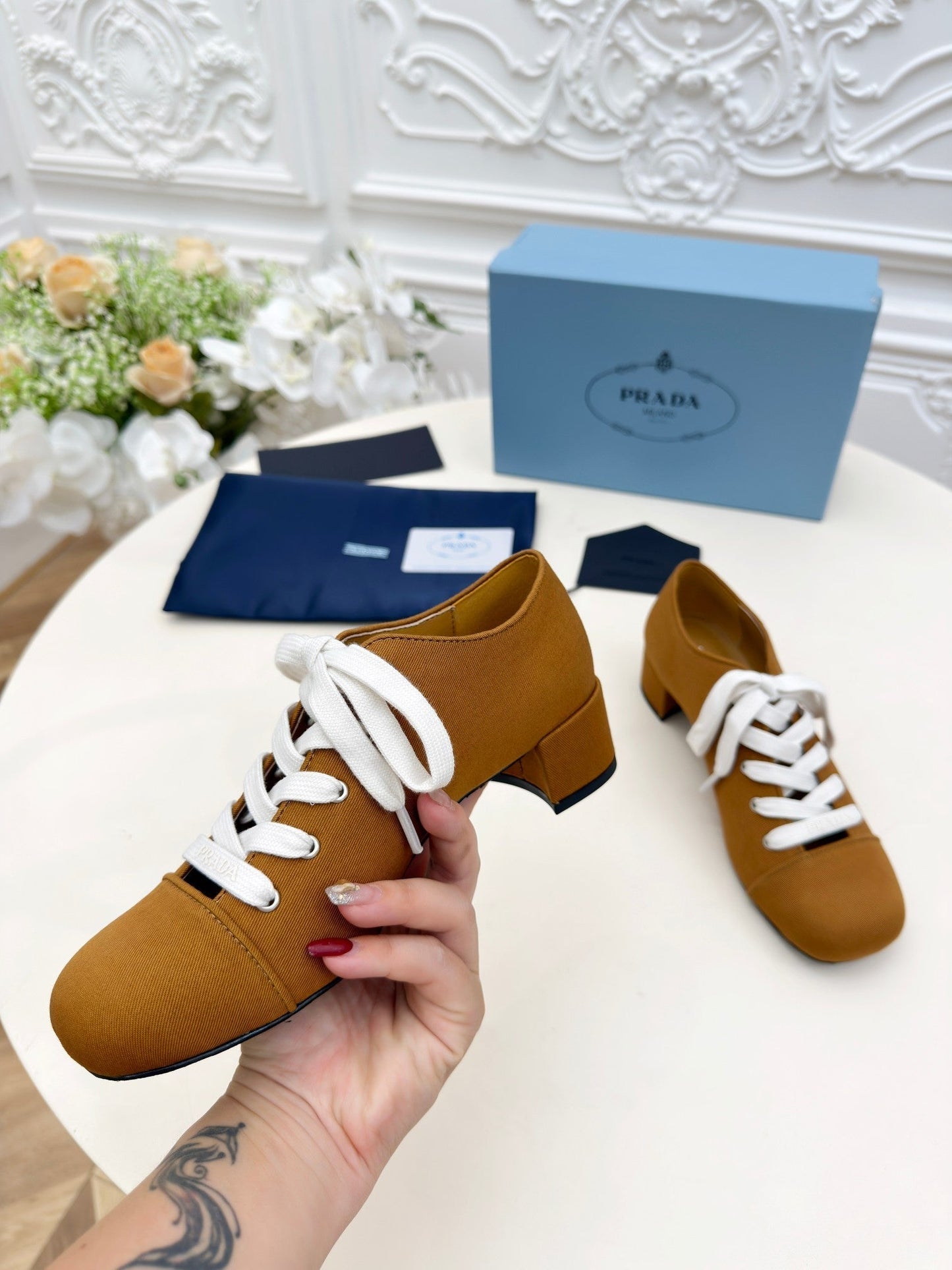 PRADA 25S MARY JANE SHOES 55 MM IN DARK CARAMEL BROWN CANVAS FABRIC - 35