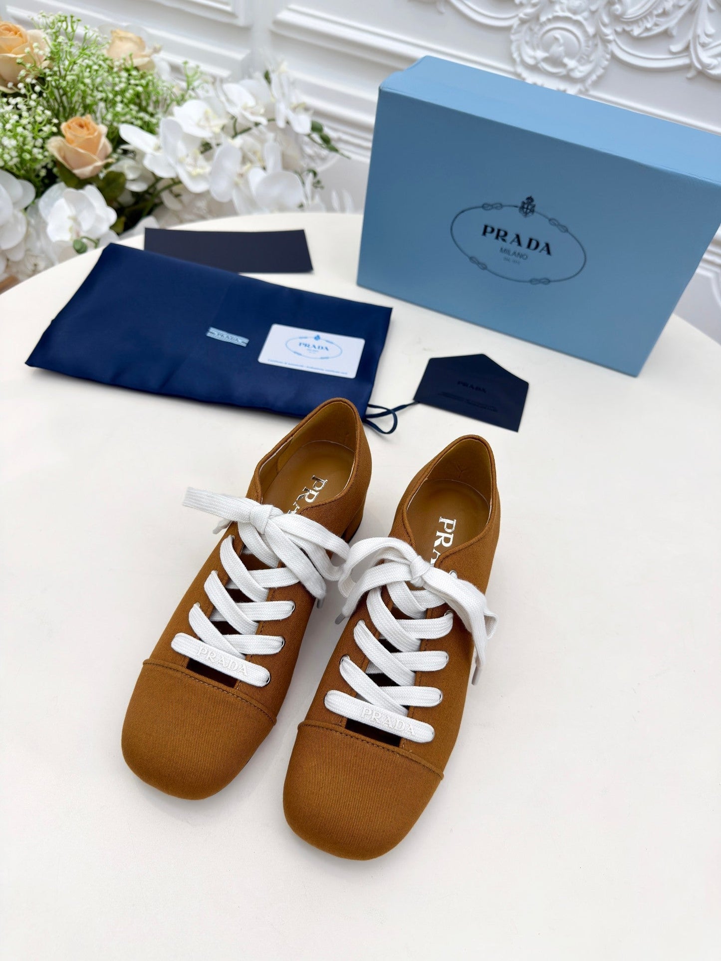 PRADA 25S MARY JANE SHOES 55 MM IN DARK CARAMEL BROWN CANVAS FABRIC - 35