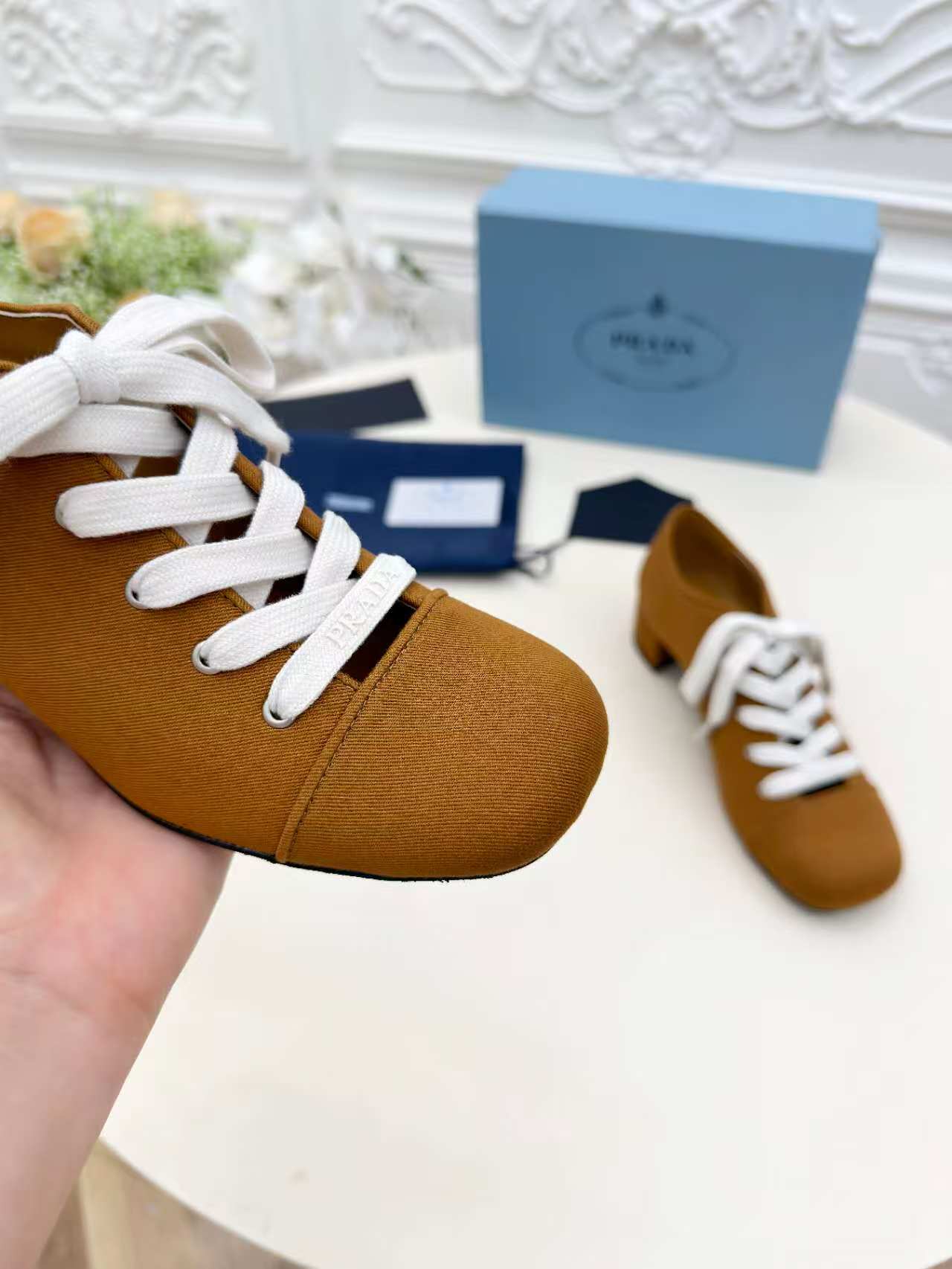 PRADA 25S MARY JANE SHOES 55 MM IN DARK CARAMEL BROWN CANVAS FABRIC - 35