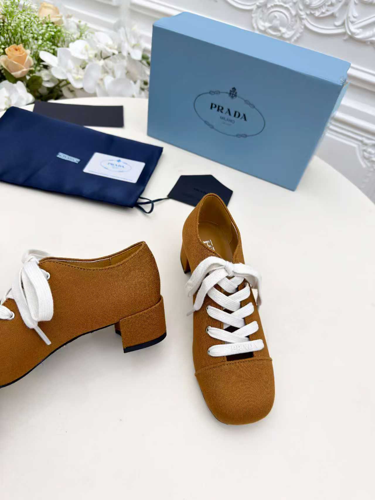 PRADA 25S MARY JANE SHOES 55 MM IN DARK CARAMEL BROWN CANVAS FABRIC - 35