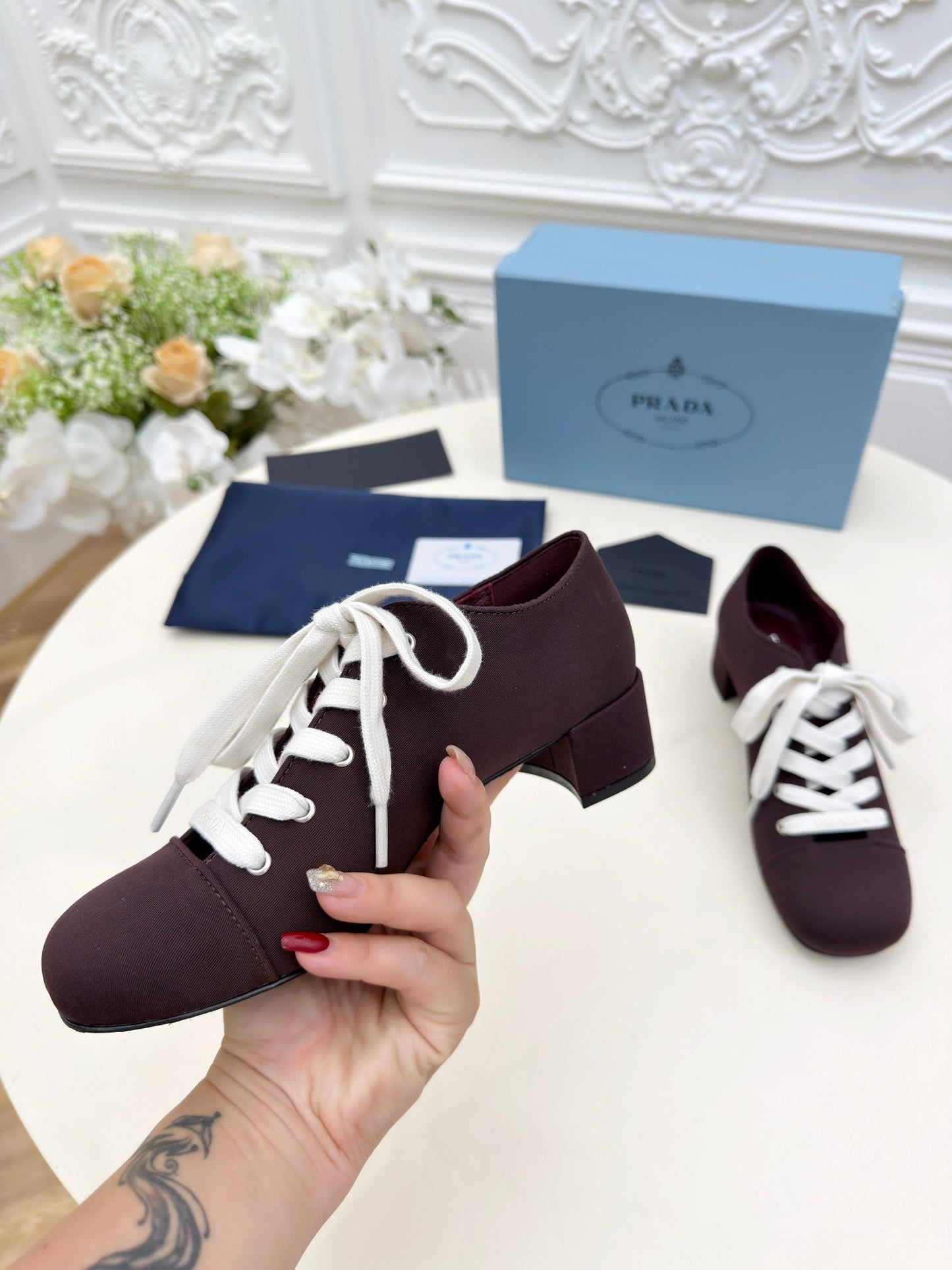 PRADA 25S MARY JANE SHOES 55 MM IN DEEP WINE BROWN CANVAS FABRIC - 35
